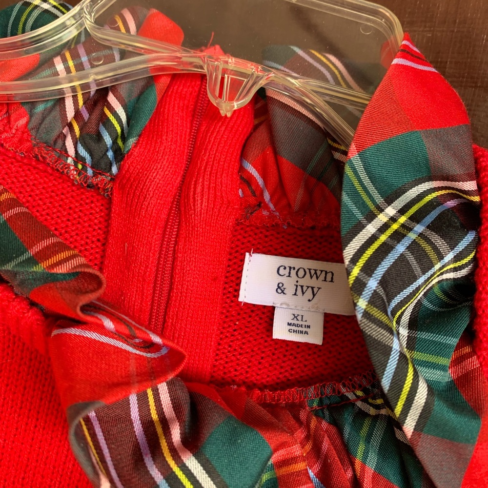 Crown & ivy red sweater with plaid ruffle trim